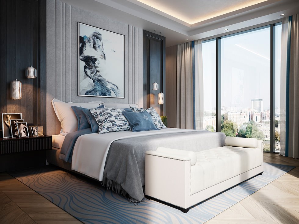 Camera da letto moderna, stile lussuoso, con materiali e luci di alta qualità - luce diffusa sul soffitto in cartongesso e lampadari a sospensione per illuminare i comodini