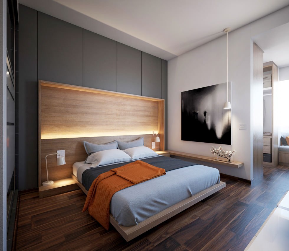 Camera da letto scandinava ad alto contrasto. Il letto presenta un sistema di luci lungo la testata. Colori bianco, nero e legno
