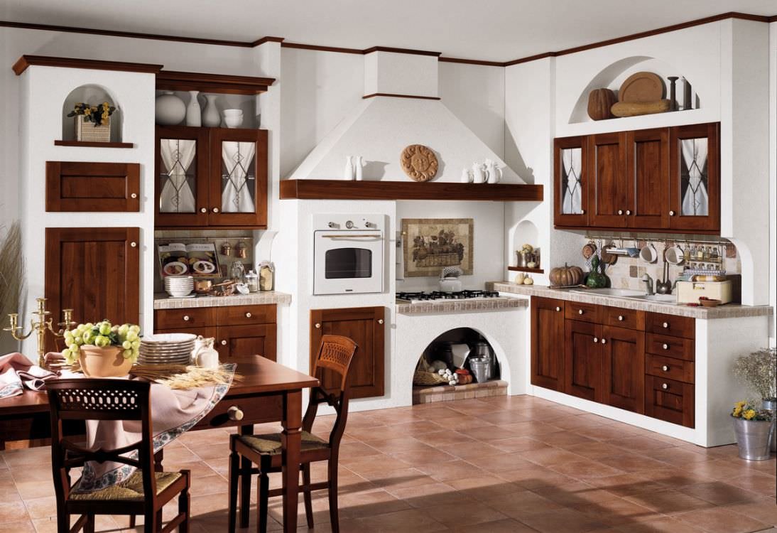 Idee cucine in muratura stile classico, sportelli e cassetti in legno scuro - pavimenti in cotto