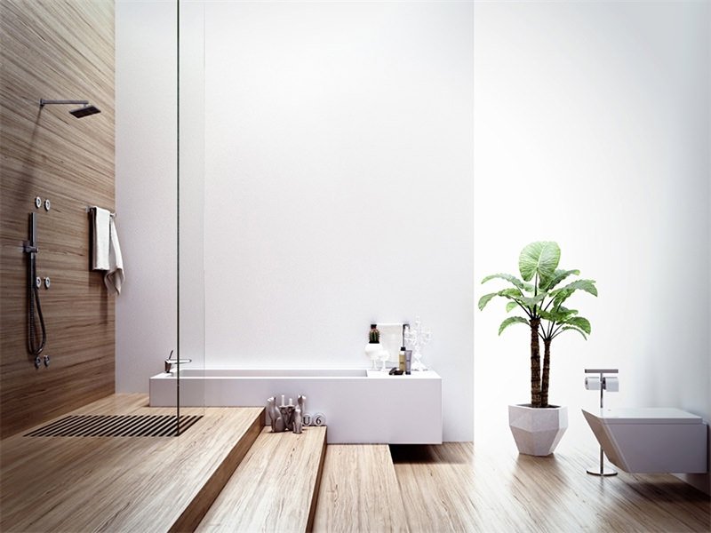 Bagno minimalista stile asiatico con pareti bianchi in coppia con pavimenti e sfondo doccia in bambù per un'atmosfera rilassante