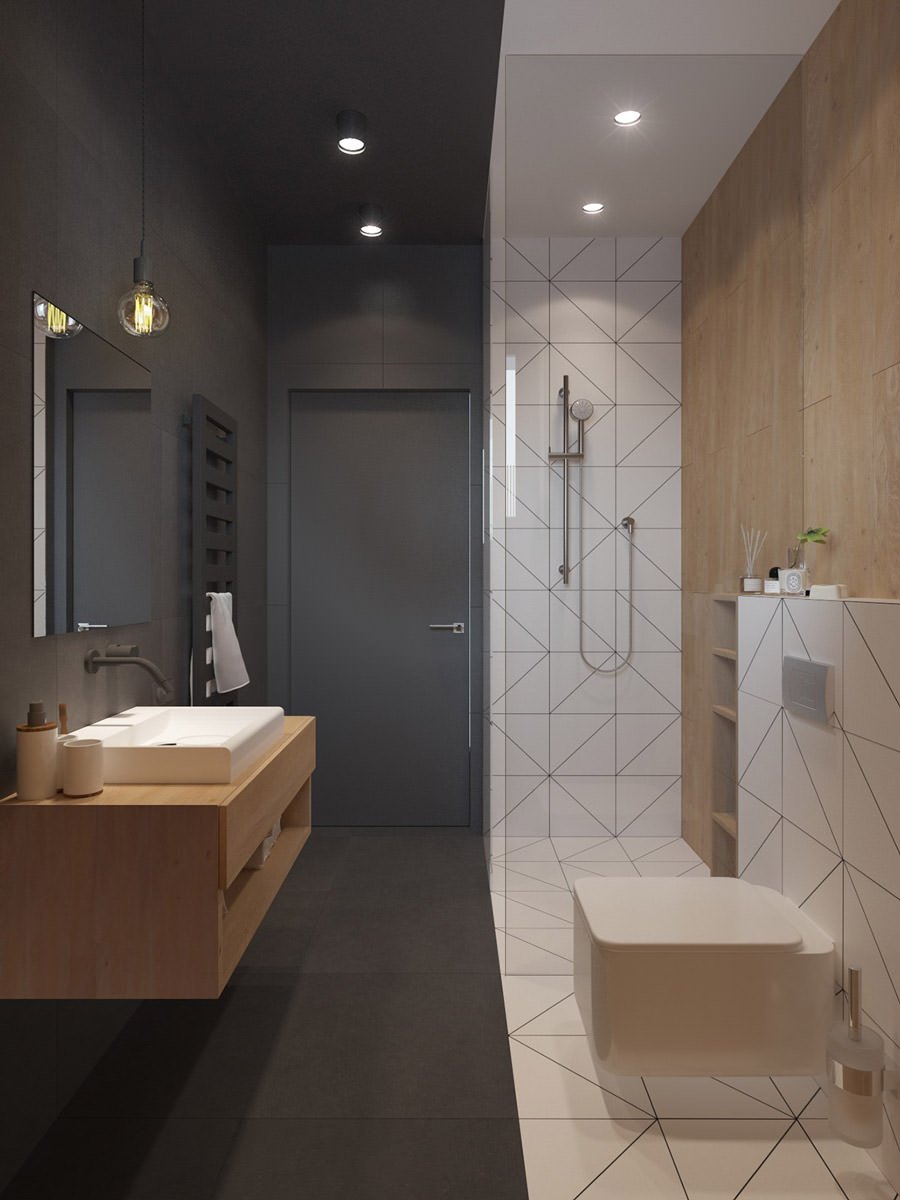 Piccolo bagno originale in bianco e nero con dettagli in legno - design bagni moderni