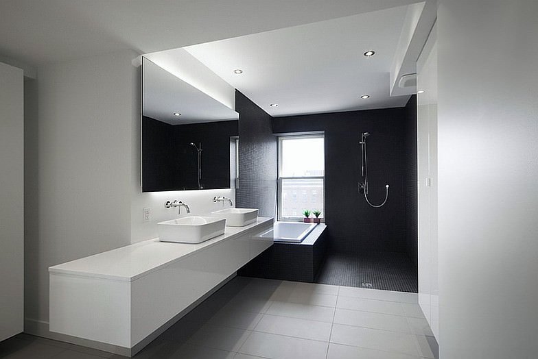 Bagno moderno minimal in bianco e nero e sfumature di grigio