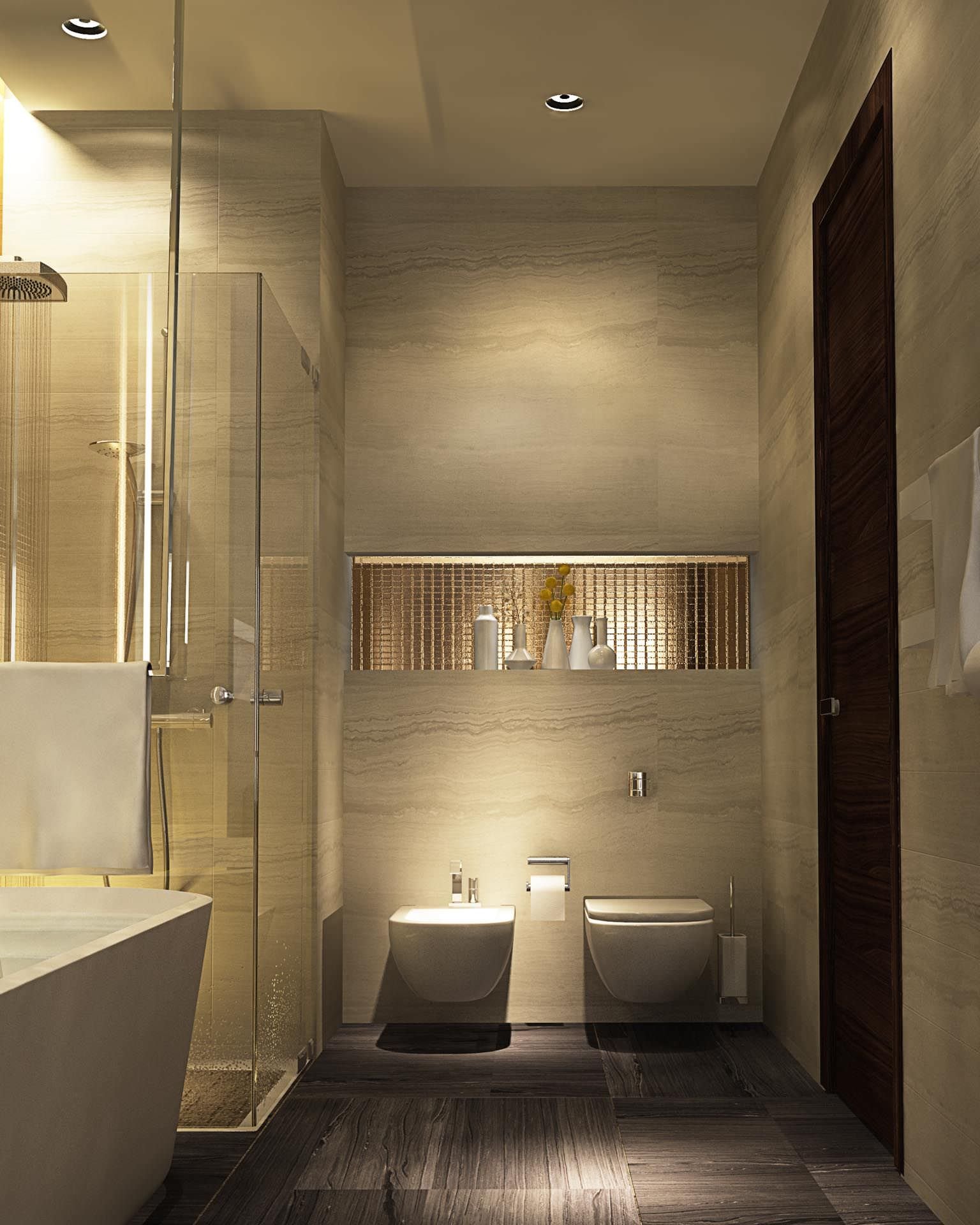 Modern and elegant bathroom with marble floors and walls and a beautiful niche, covered in golden mosaic, which enhances the space.