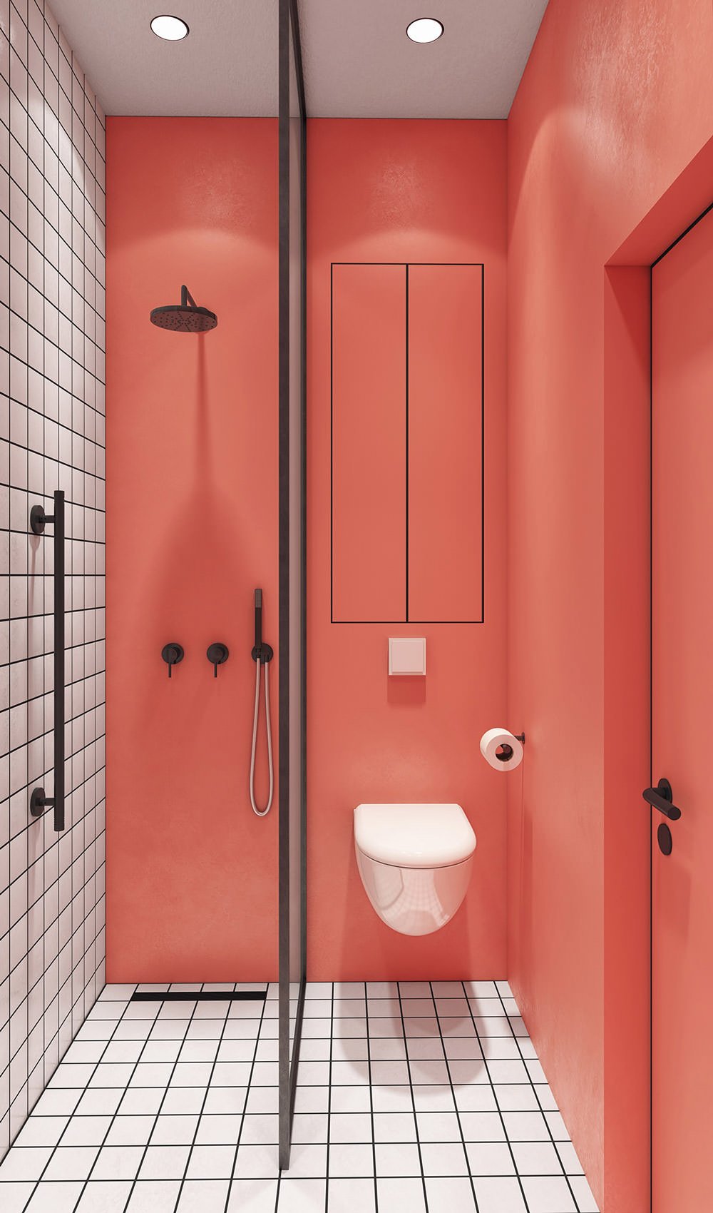 Bellissimo bagno piccolo e moderno nei colori bianco, nero e rosa salmone. Pavimenti e rivestimenti in piastrelle bianche con la fuga nera, wc sospeso, soffitto in cartongesso con faretti da incasso.