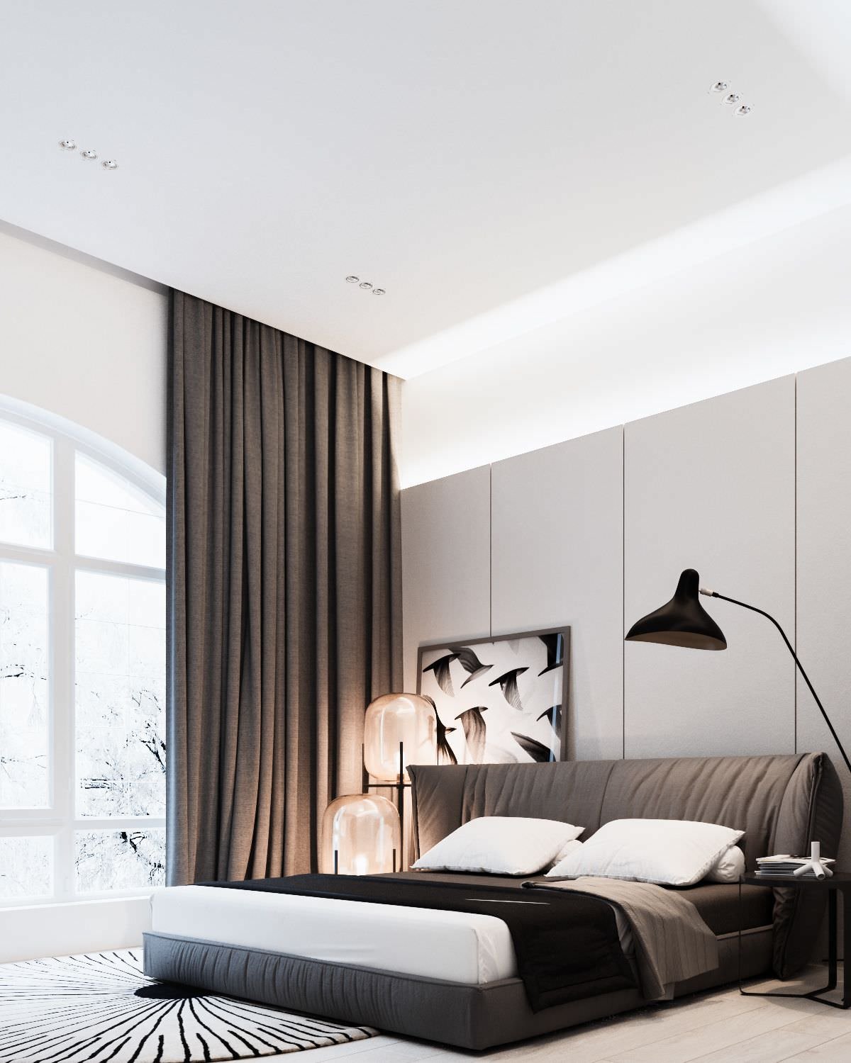 Stanza da letto scandinava, stile moderno minimal, contrasto bianco e nero - grandi finestre e particolare illuminazione