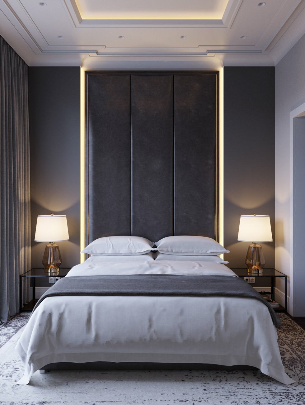 Camera da letto elegante e raffinata con particolare illuminazione a led - parete e soffitto in cartongesso