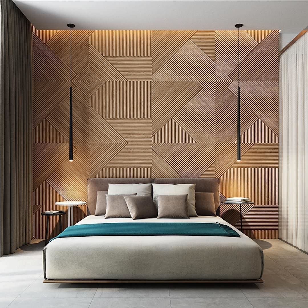 Superb modern bedroom with slats with variable inclination that geometrize the headboard with elegance and refinement.  The two hanging lamps and the diffused light on the ceiling add a further touch of modernity to the room.