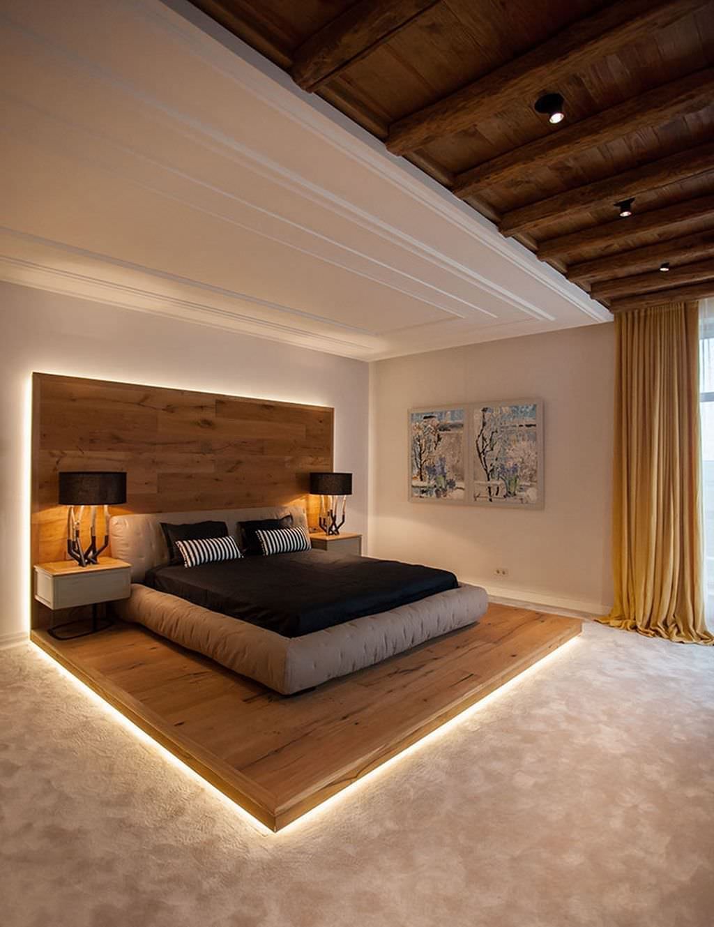 Original rustic modern style bedroom with the headboard that extends to 90 ° and enhances the presence of the bed.  The led lighting and the cabinets contribute to the particular elegance of this room.