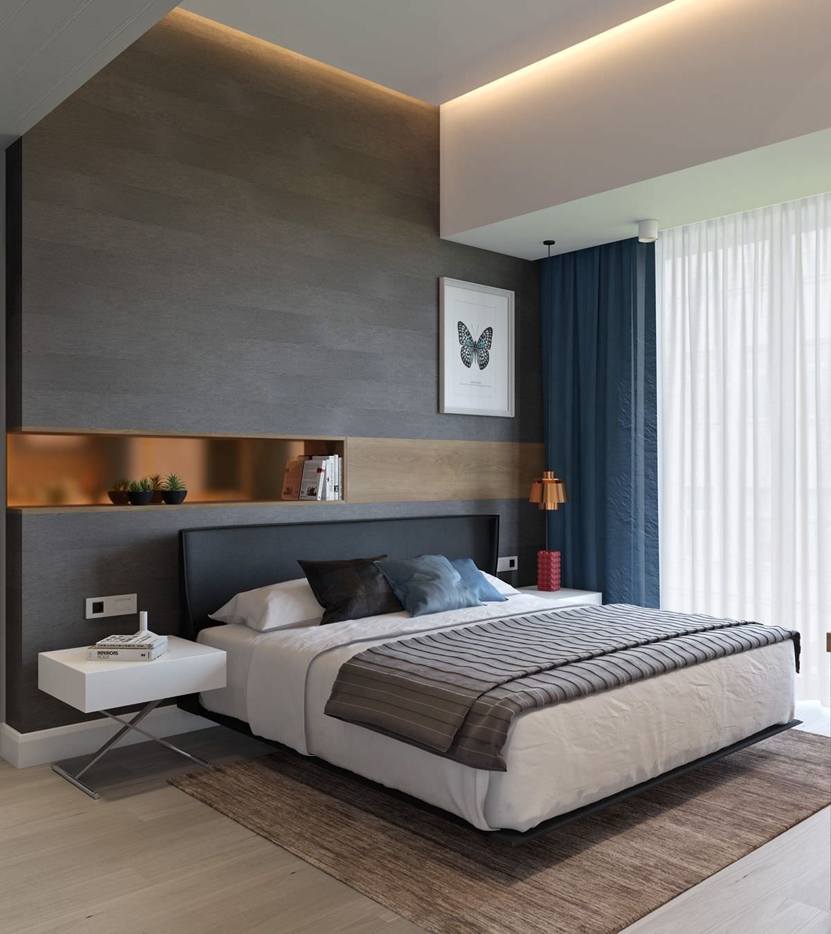 Modern bedroom with wooden headboard - interesting diffused lighting on the ceiling - natural colors, white, brown, black and blue