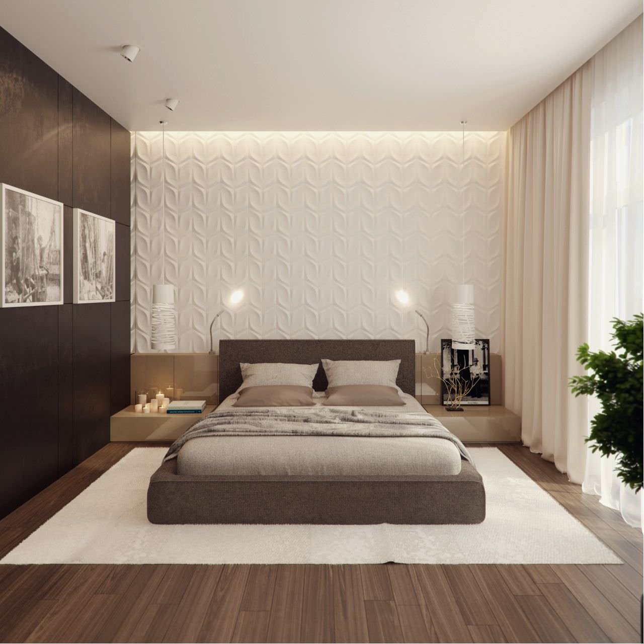 Modern, elegant and refined room in brown and white colors.  The led light profile at the top of the headboard wall illuminates the floral-themed wallpaper.  The two dresser lamps close the picture of light.  Parquet floor and cream white carpet