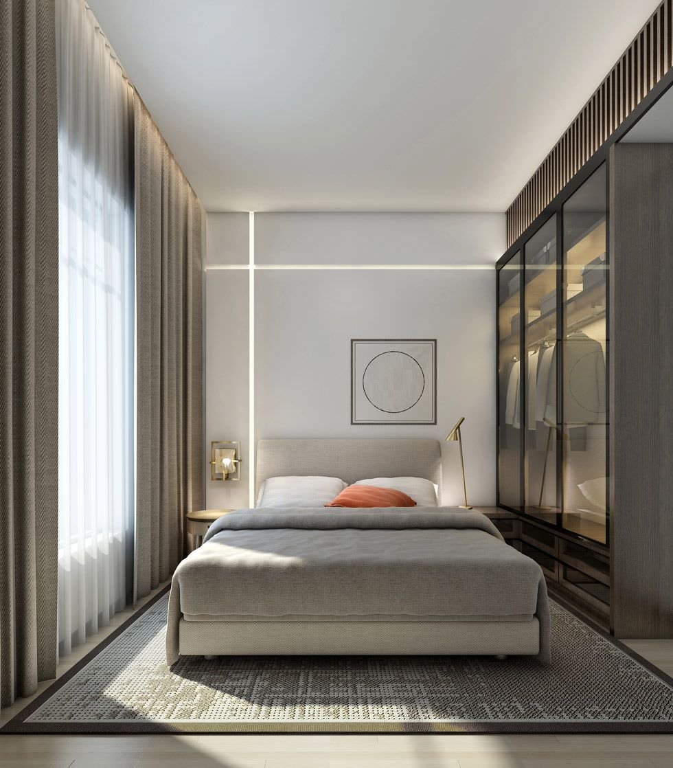 Modern bedroom with open wardrobe with glass doors.  The cut with led light from the false ceiling to the false wall takes on an artistic and modern value by replacing the traditional room paintings