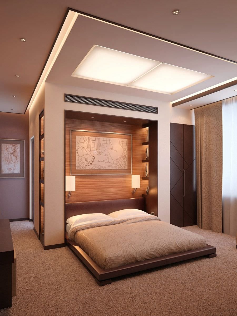 Modern Japanese style bedroom with led panels on the ceiling.  Brown and white colors.