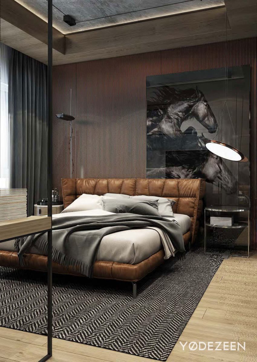 Male bedroom with modern urban jungle colors - brown leather bed - parquet and carpet.