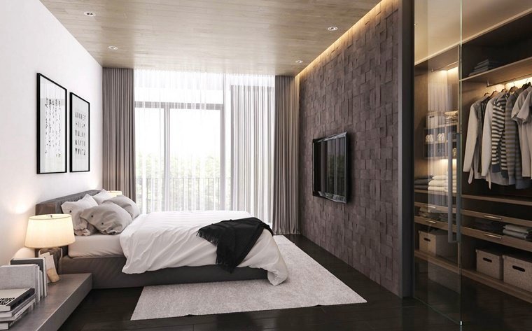 Male bedroom with exposed walk-in closet - partition wall covered in wood - dark brown parquet - TV