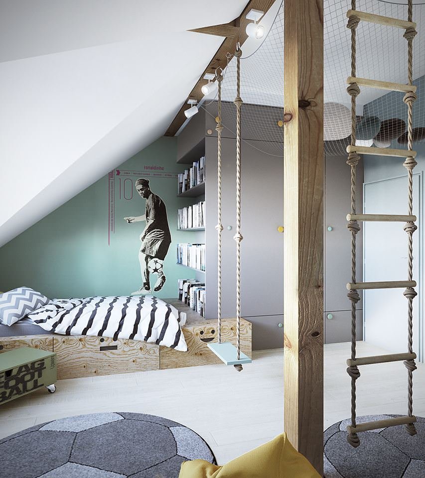 Design piccola camera in mansarda per un ragazzo sportivo - presente un'altalena ed uno spazio relax sospeso