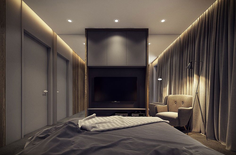 Camera da letto con specchi laterali per una stanza più grande.