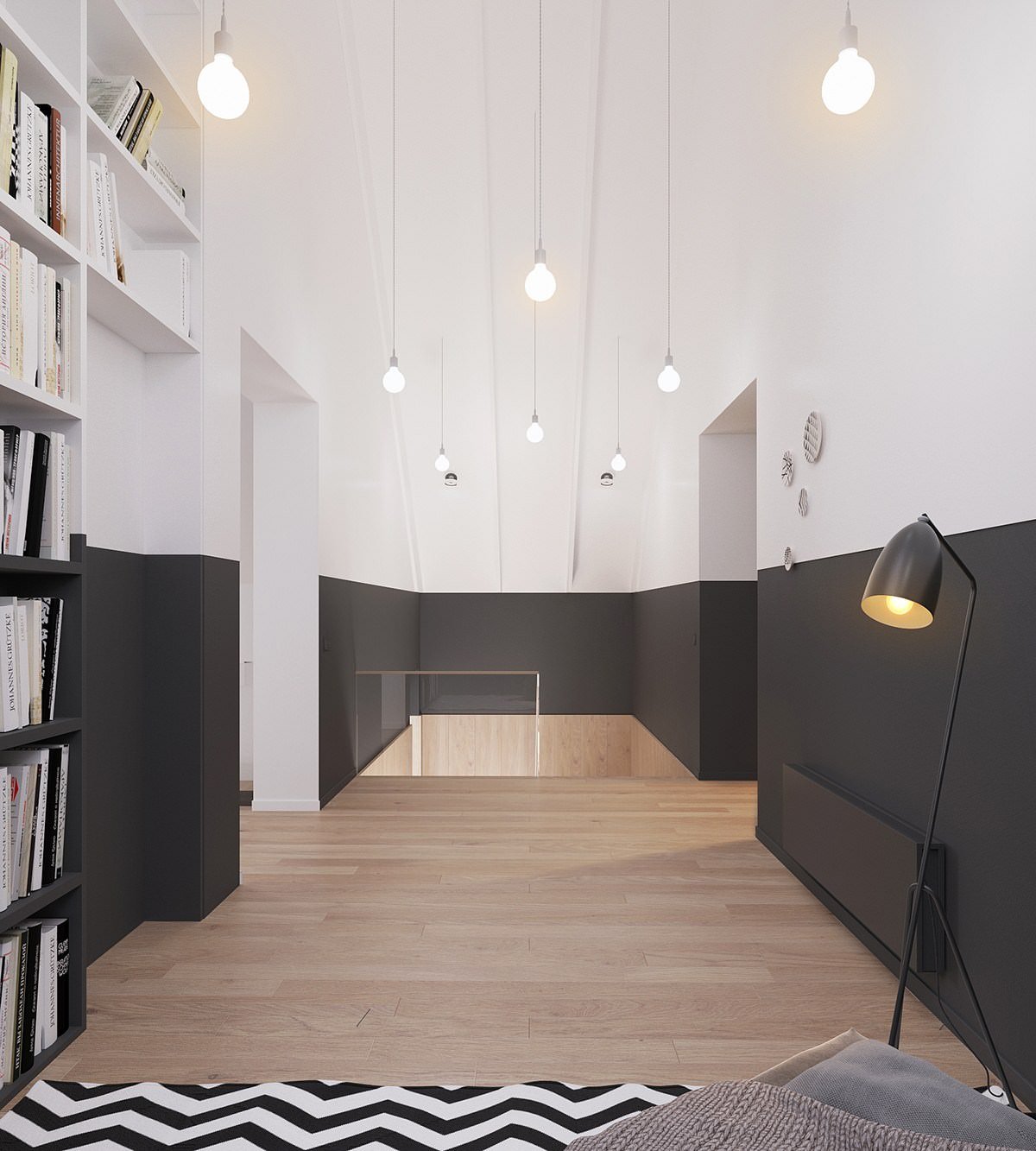 Vernice in bianco e nero su tutta la lunghezza della stanza - scelta attraente per una casa moderna scandinava
