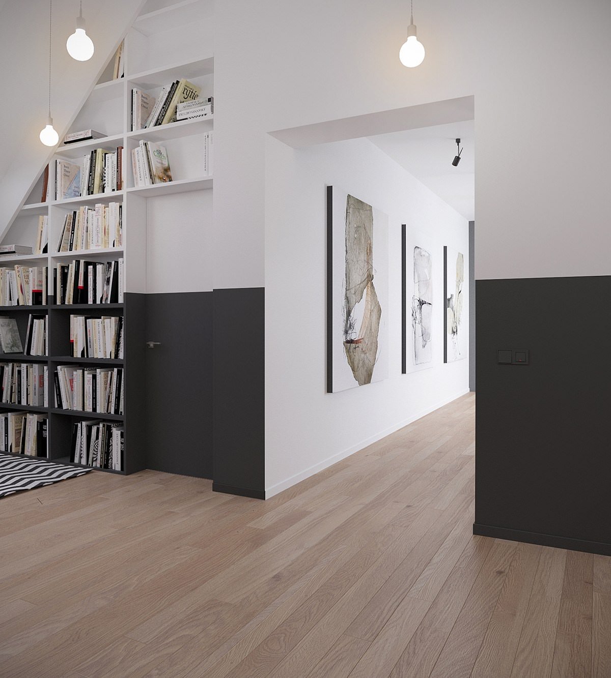 Dettaglio interno scandinavo in colori bianco e nero con libreria, porta e corridoio