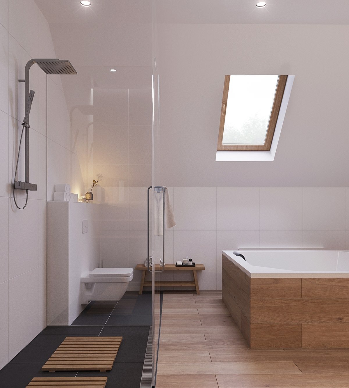 Idea bagno scandinavo elegante e luminoso con vasca idromassaggio e box doccia in vetro - design casa scandinava