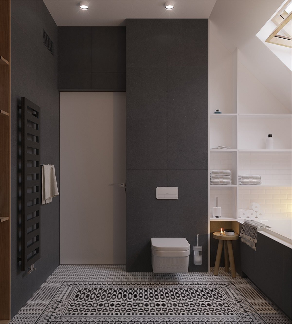 Idea bagno scandinavo moderno in bianco e nero con pavimento in mosaico motivo geometrico - design appartamento elegante e originale