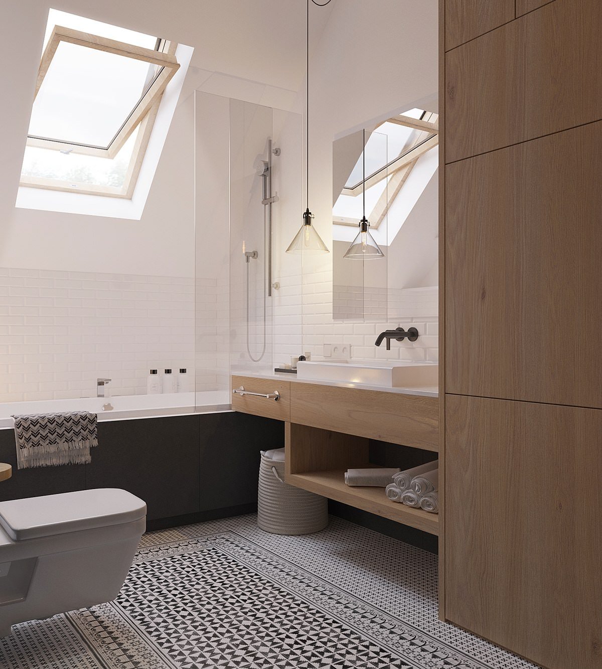 Idea bagno scandinavo in bianco e nero con vasca, doccia e pavimento in mosaico motivo geometrico - design appartamento nordico elegante