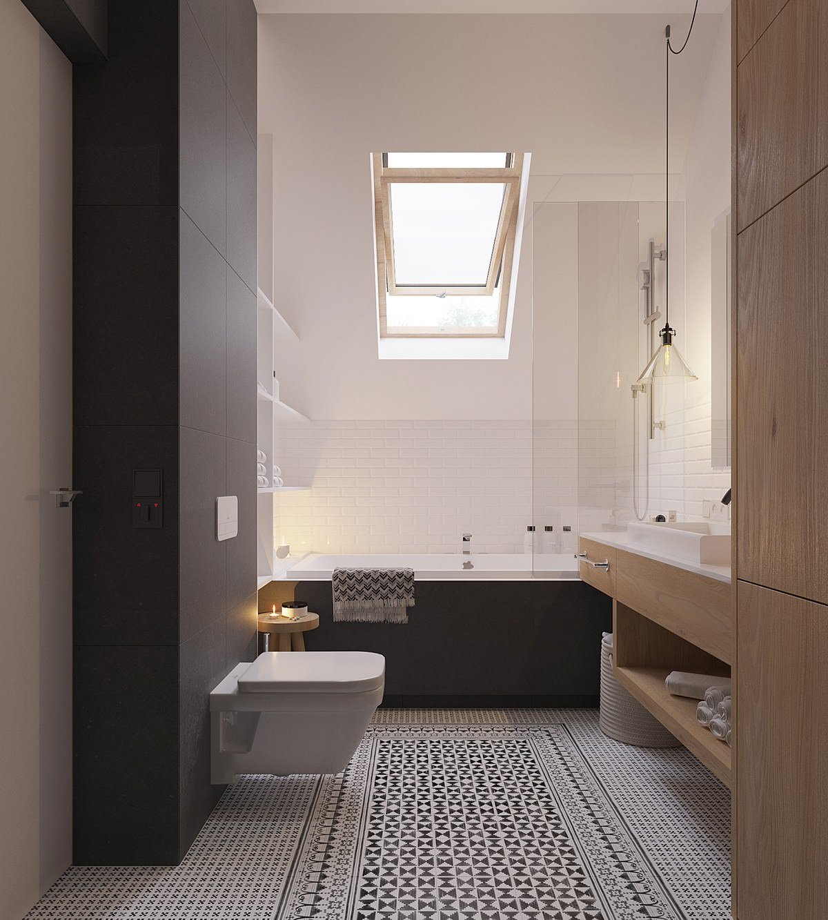 Bagno nordico bianco e nero con mosaico geometrico - casa scandinava elegante