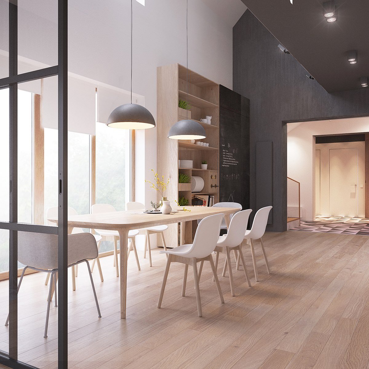 Sedie bianche legno che  impostano un'efficace cornice per il tavola - design scandinavo appartamento eledante