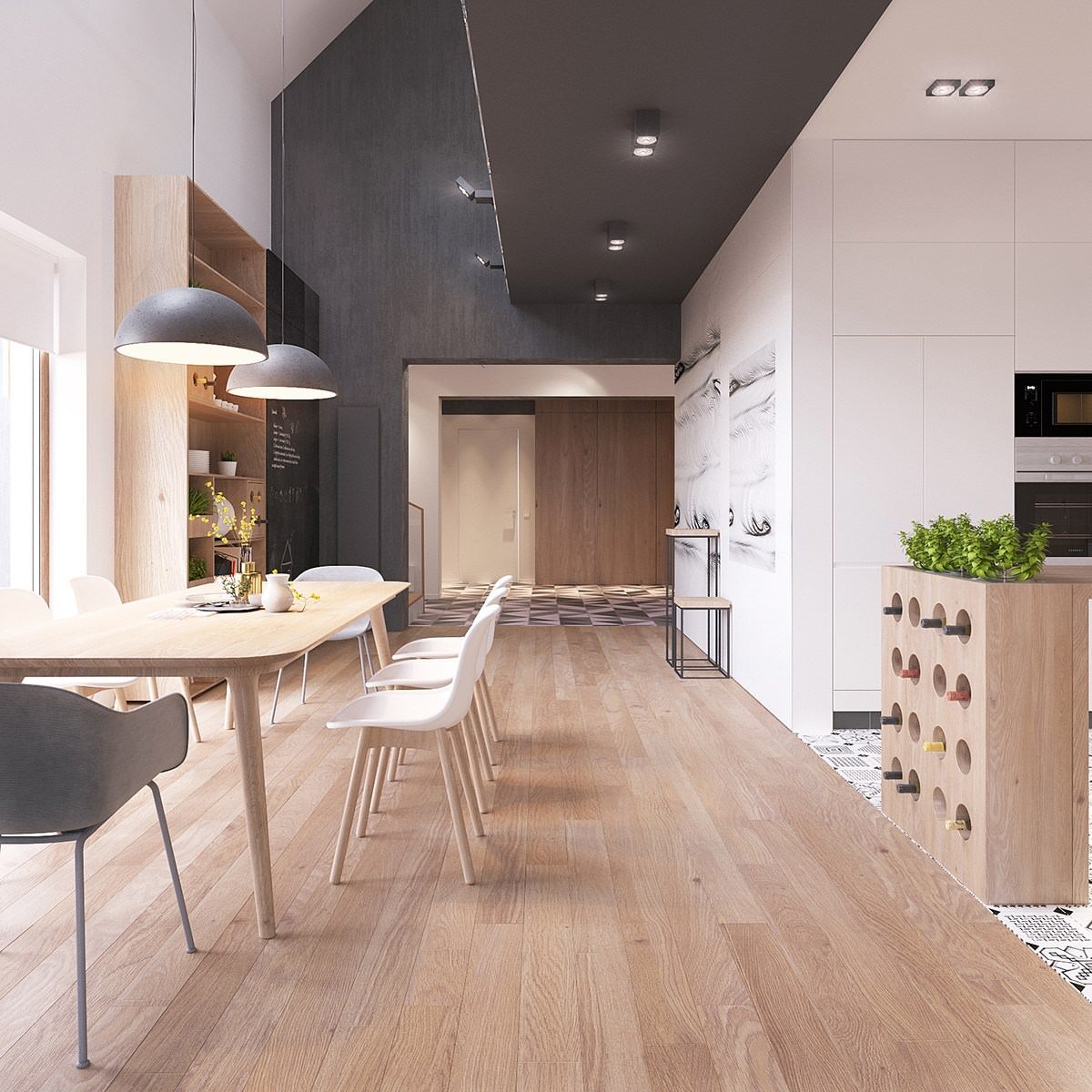 Vista cucina e sala da pranzo dall'entrata - design appartamento scandinavo