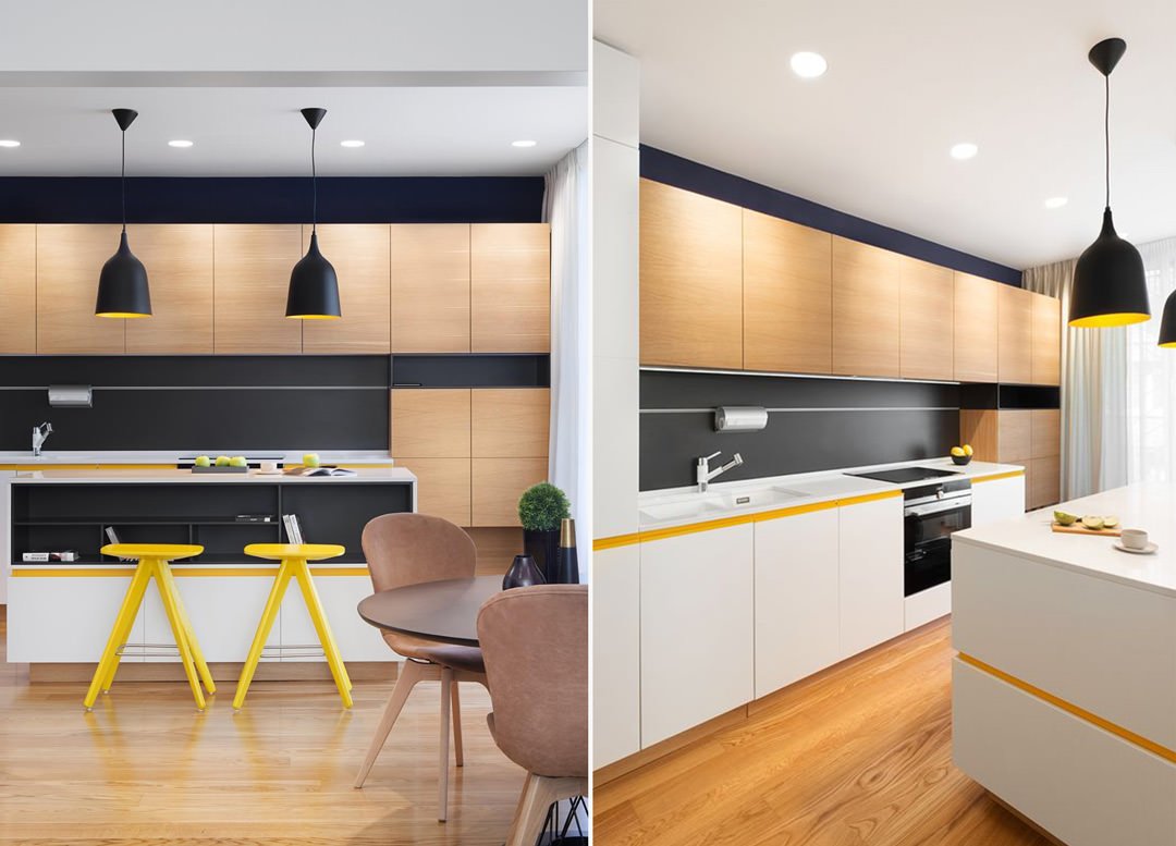 Il giallo illumina questa cucina elegante e moderna - legno
