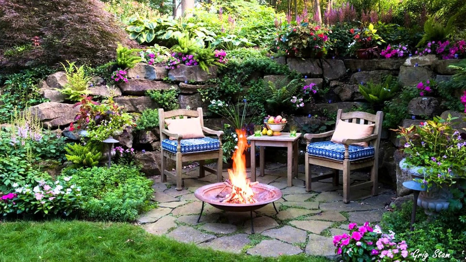 Idea area verde con piante da roccia - idee su come creare un giardino e realizzare una zona relax con camino e sedute