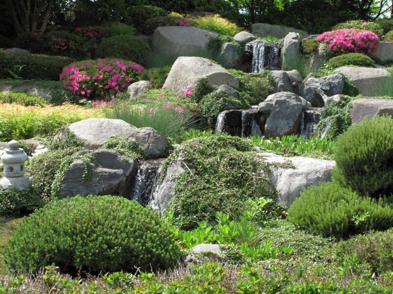 Idee giardino roccioso con piccola cascata d'acqua - grandi pietre irregolari e ricoperto con piante montane e fiori di colore rosa