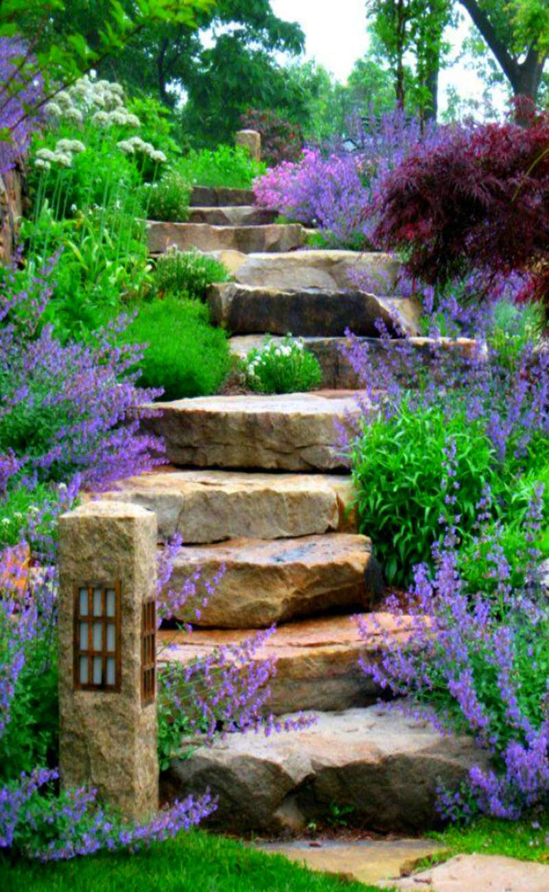 Stupenda scalinata rustica in pietra grezza è stata costruita in perfetta armonia con l’ambiente - Fiori e piante coloratissime - idea per progettare giardino in campagna