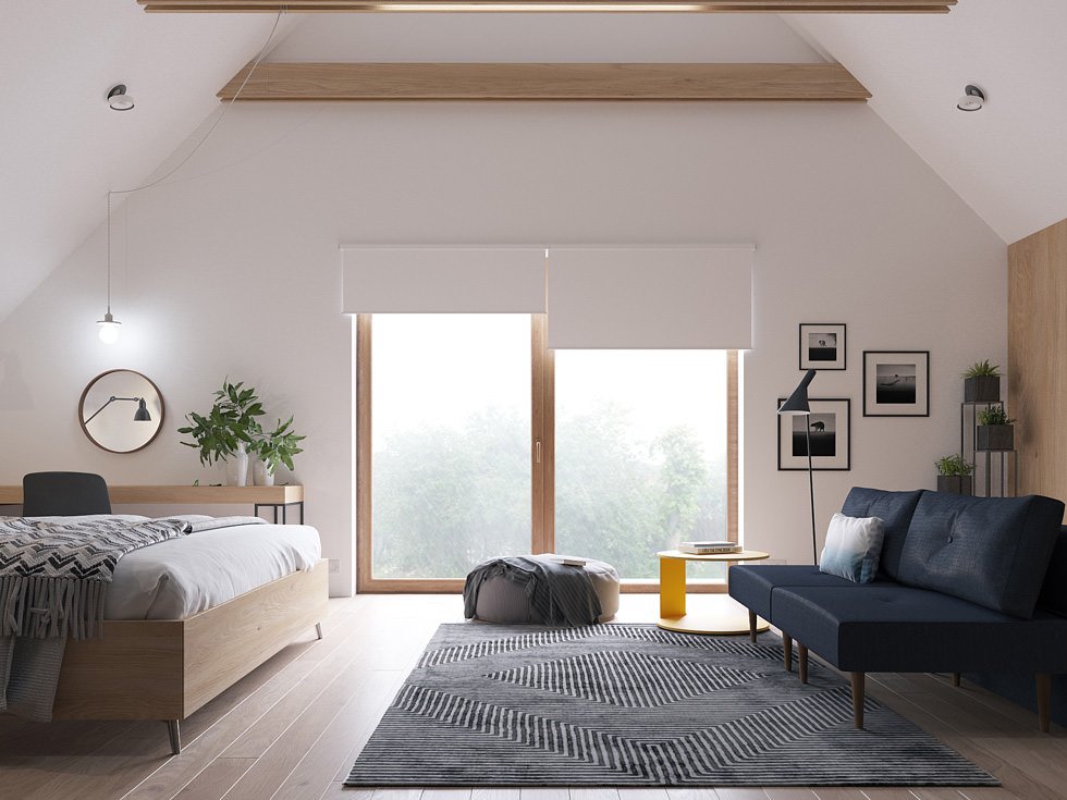 Camera da letto nell'attico dell casa.  Stile scandinavo moderno. Presenta grandi finestre, ideali per aumentare la luce naturale