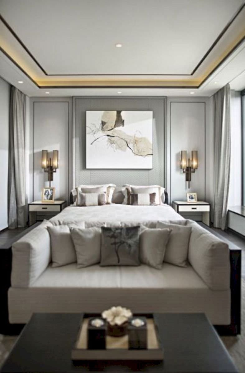 Camera da letto elegante e raffinata in colori neutri: grigio, bianco, nero e marrone