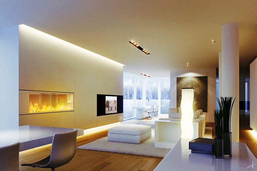 Stupendo soggiorno moderno in cui la luce fa da padrona: vari corpi di illuminazione, luci perimetrali e faretti da incasso nel controsoffitto - costo elettricista, tariffa oraria
