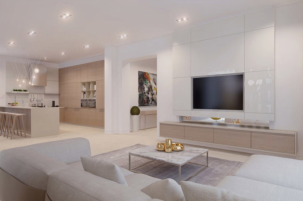 Progetto open space moderno e luminoso (dettaglio soggiorno e cucina con isola) - colori bianco, grigio e marrone chiaro - particolari lampade a sospensione e faretti da incasso nel controsoffitto - articolo tariffa oraria elettricista e costo manodopera a punto luce - Start Preventivi