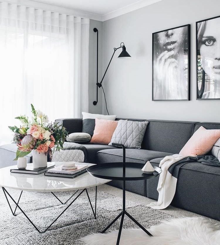 Ispirazione per soggiorno moderno, elegante e raffinato, con divani e pareti colore grigio ed alcuni tocchi di colore rosa - idee per tinteggiare salotto femminile