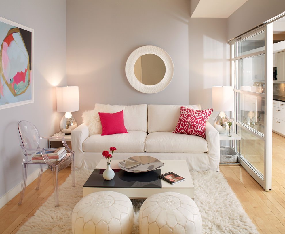 Piccolo soggiorno contemporaneo molto elegante, stile femminile, pulito ed accogliente - idea interior design