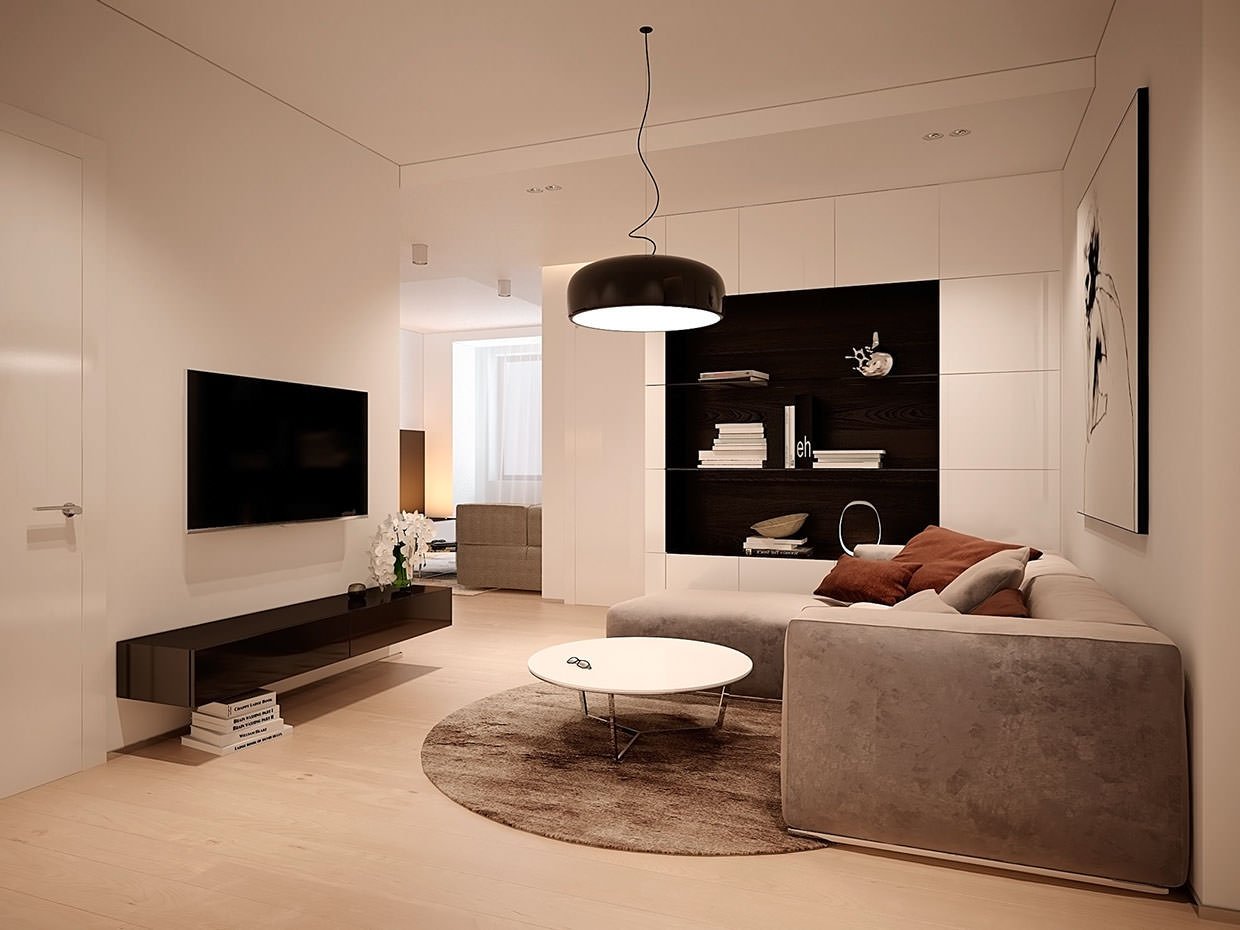 Piccolo salotto del design moderno contemporaneo con arredi e mobili in colori naturali: beige e marrone