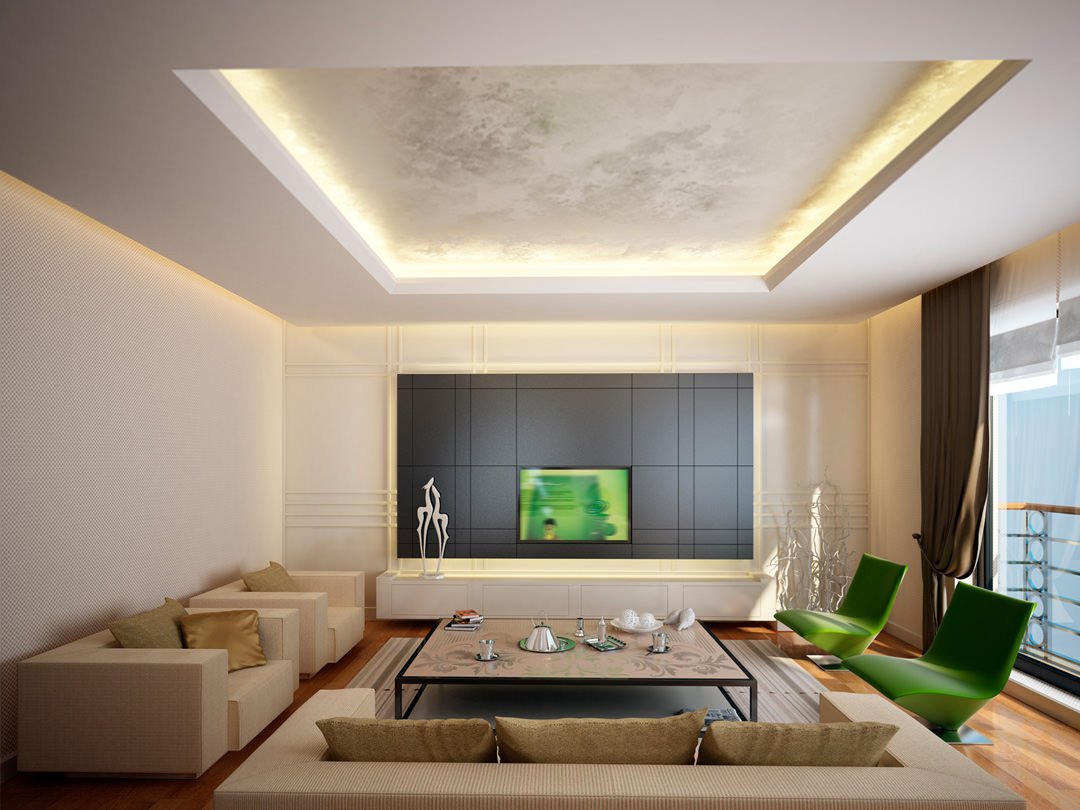 Living elegante, contemporaneo moderno con una bellissima illuminazione. Pittura decorativa dorata sul soffitto