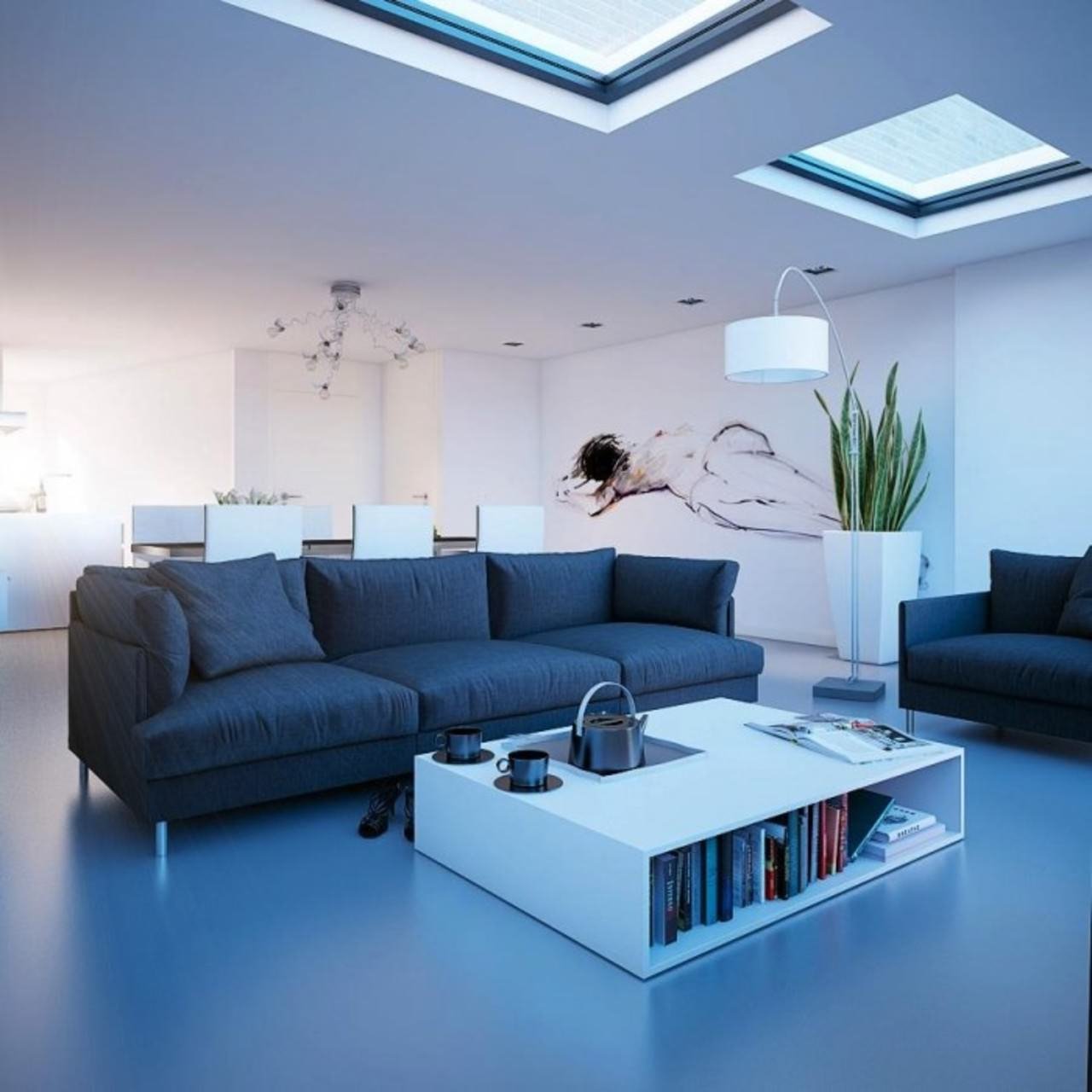 Zona giorno open space minimal con bellissima illuminazione naturale attraverso grandi finestre sul soffitto - Idee arredamento soggiorno moderno