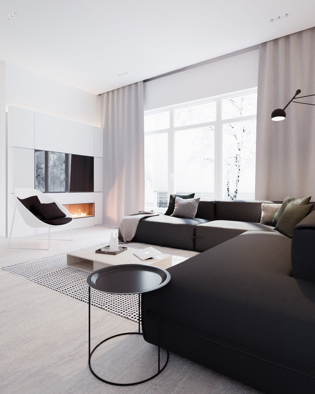 Salotto moderno minimal stile scandinavo in colori bianco e nero con tv e camino