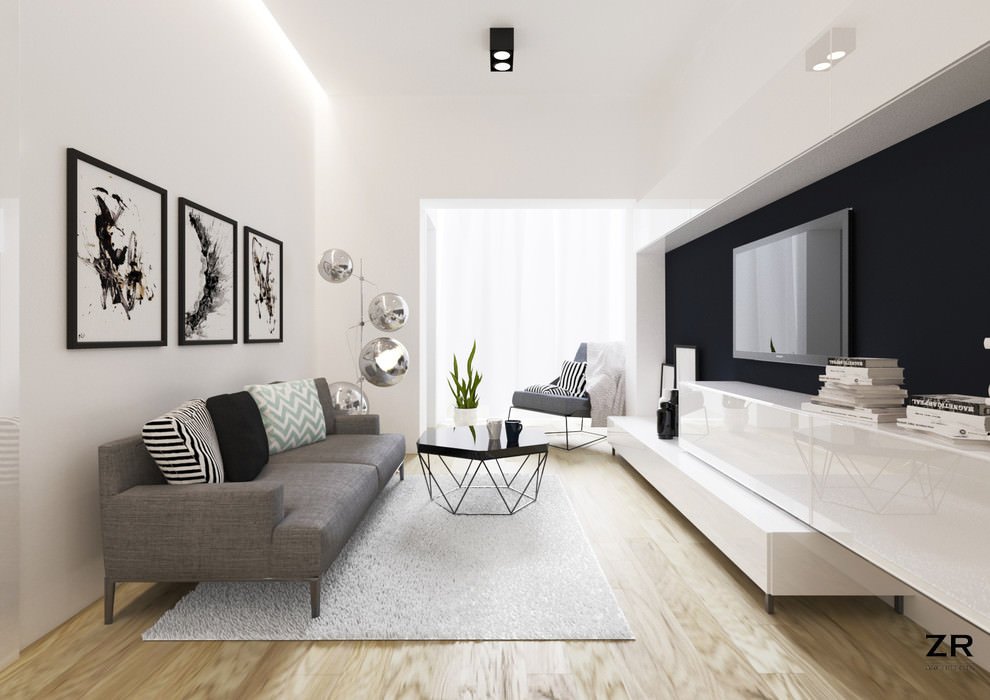 Design living nordico moderno molto particolare in contrasti di bianco e nero. Divano in tessuto grigio, pavimento in legno. Parete attrezzata in bianco laccato con la parete dietro alla TV di colore nera. Luce diffusa sul soffitto.